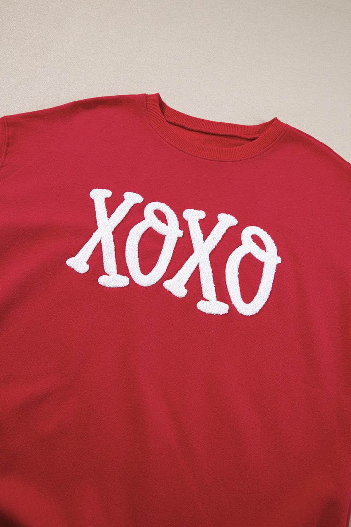 Racing Red Aphabet Chenille Embroidered Pullover Sweatshirt - Fashion Queen -  13