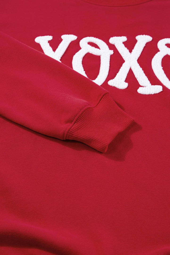 Racing Red Aphabet Chenille Embroidered Pullover Sweatshirt - Fashion Queen -  14