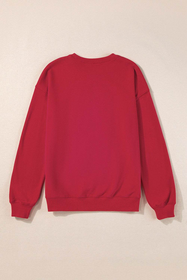 Racing Red Aphabet Chenille Embroidered Pullover Sweatshirt - Fashion Queen -  3