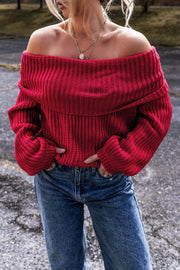 Racing Red Off-the-shoulder Knit Sweater - Fashion Queen -  1