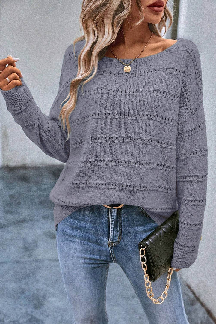 Real Teal Boat Neck Drop Shoulder Pointelle Knit Sweater - Fashion Queen -  14