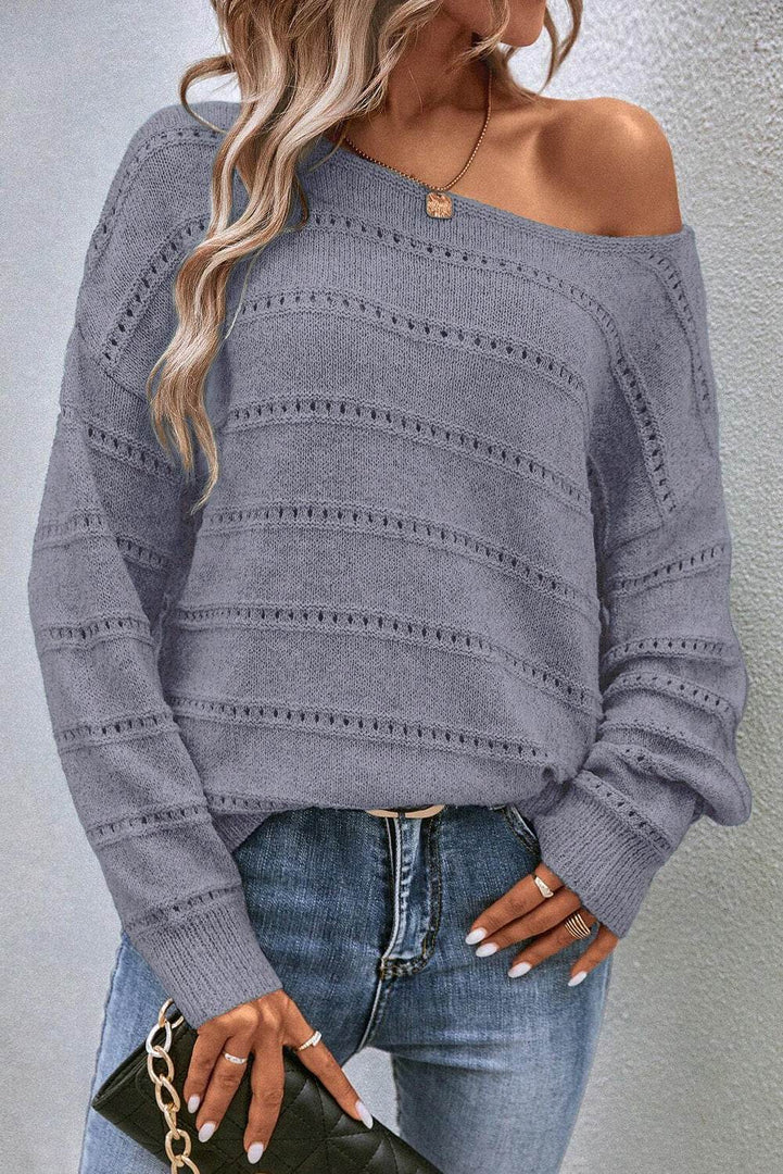 Real Teal Boat Neck Drop Shoulder Pointelle Knit Sweater - Fashion Queen -  15