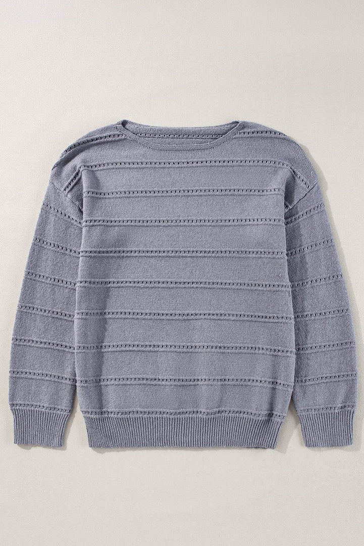 Real Teal Boat Neck Drop Shoulder Pointelle Knit Sweater - Fashion Queen -  16