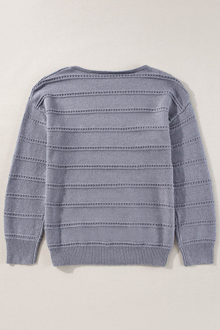 Real Teal Boat Neck Drop Shoulder Pointelle Knit Sweater - Fashion Queen -  17