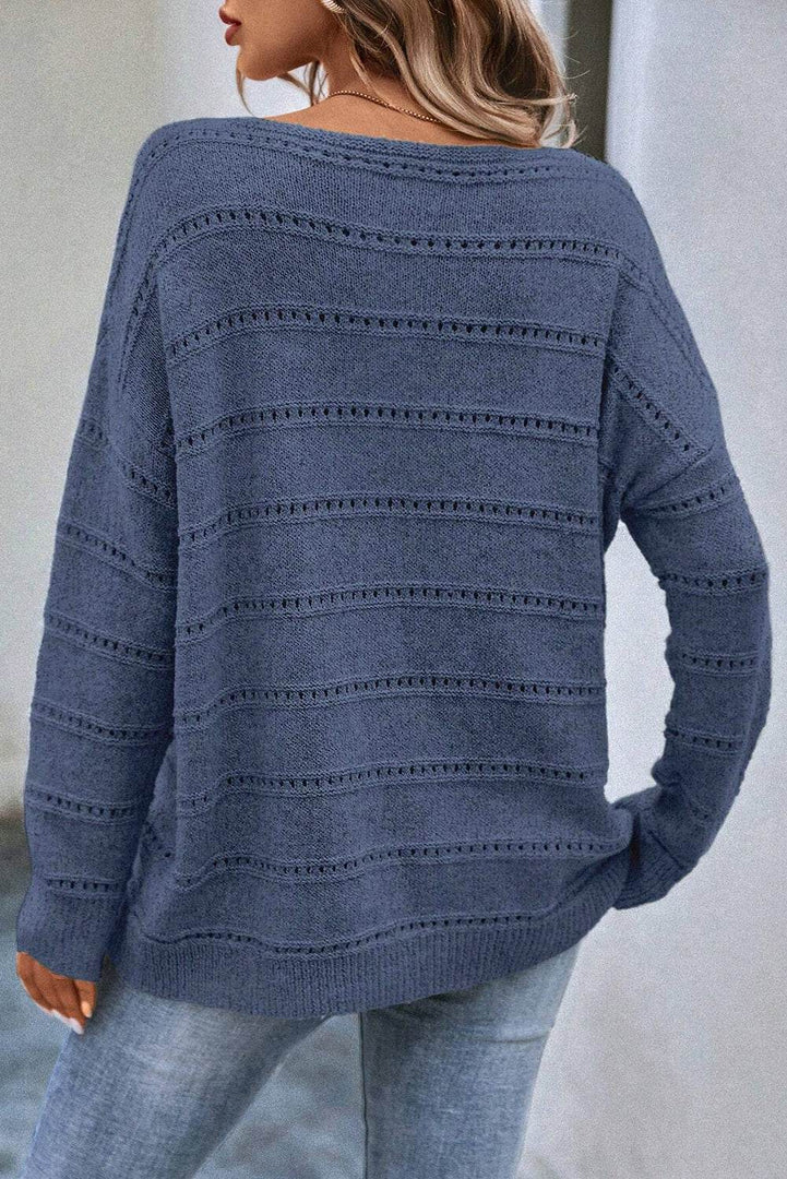 Real Teal Boat Neck Drop Shoulder Pointelle Knit Sweater - Fashion Queen -  2