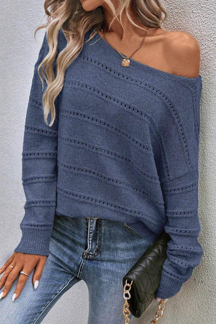 Real Teal Boat Neck Drop Shoulder Pointelle Knit Sweater - Fashion Queen -  3
