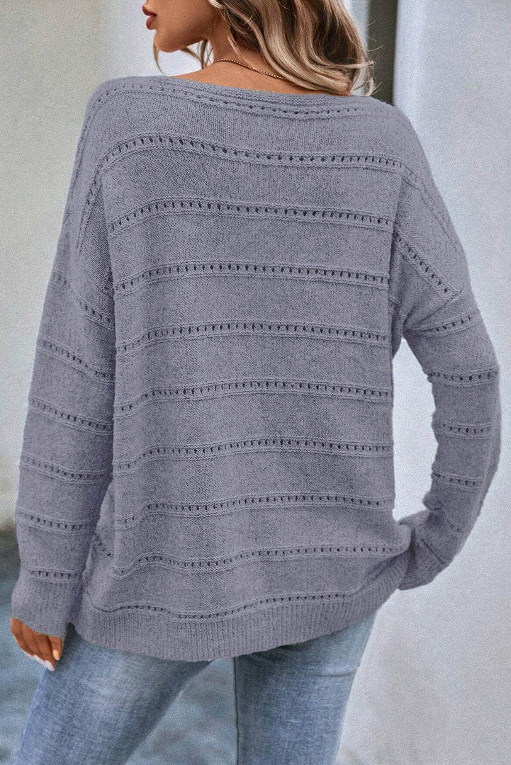 Real Teal Boat Neck Drop Shoulder Pointelle Knit Sweater - Fashion Queen -  5