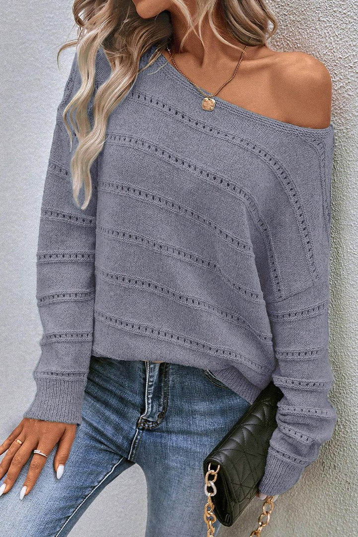 Real Teal Boat Neck Drop Shoulder Pointelle Knit Sweater - Fashion Queen -  6