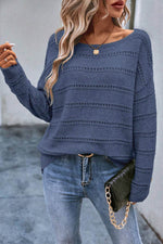 Load image into Gallery viewer, Real Teal Boat Neck Drop Shoulder Pointelle Knit Sweater - Fashion Queen -  7
