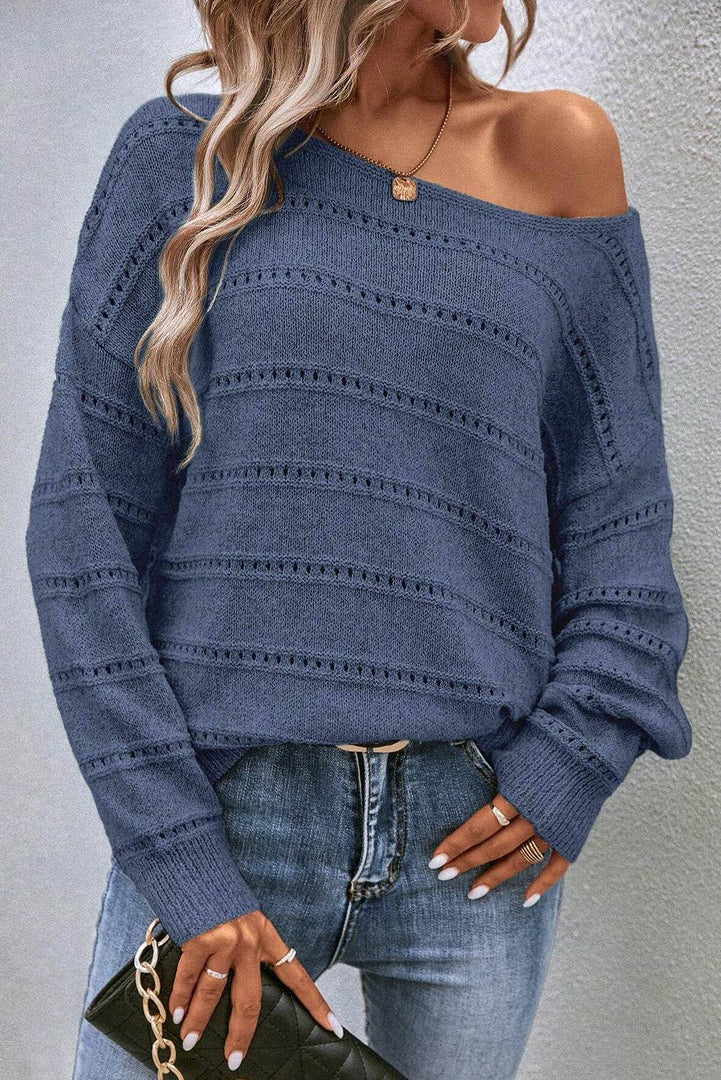 Real Teal Boat Neck Drop Shoulder Pointelle Knit Sweater - Fashion Queen -  8
