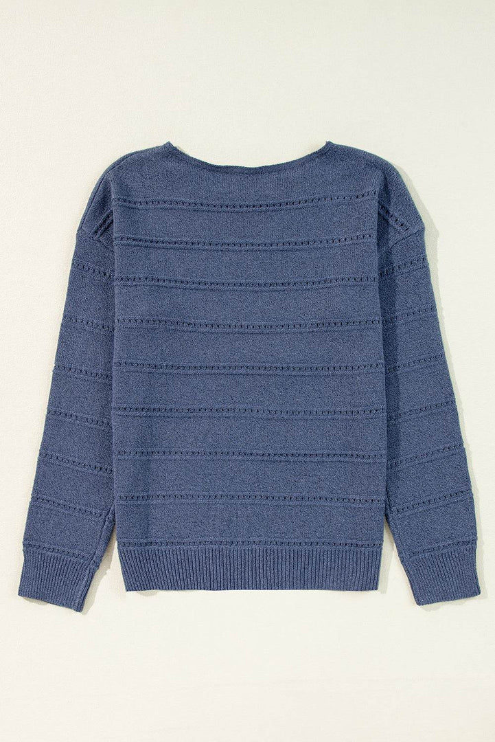 Real Teal Boat Neck Drop Shoulder Pointelle Knit Sweater - Fashion Queen -  9