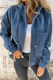 Real Teal Corduroy Drawstring Hooded Pocket Zip Up Jacket - Fashion Queen -  1