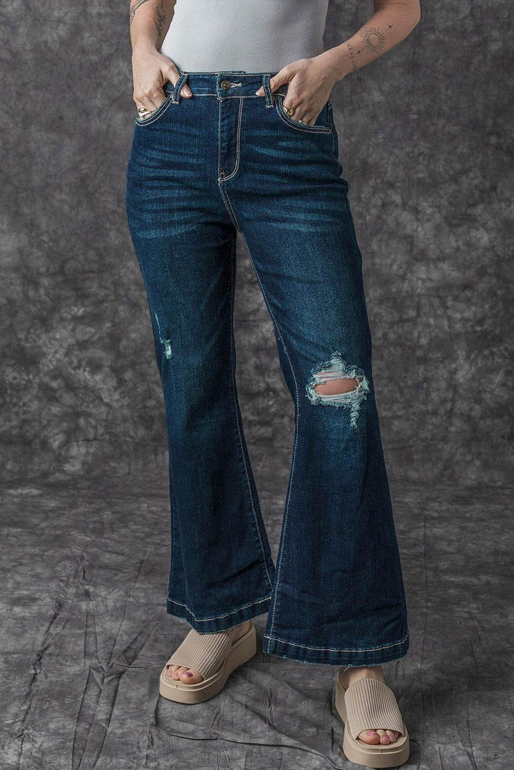 Real Teal High Rise Ripped Bell Bottom Jeans - Fashion Queen -  5