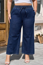 Load image into Gallery viewer, Real Teal Plus Size Drawstring High Waist Wide Leg Casual Jeans - Fashion Queen -  1
