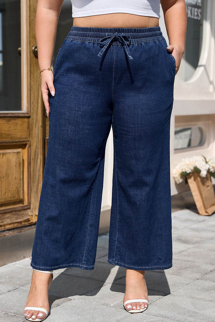 Real Teal Plus Size Drawstring High Waist Wide Leg Casual Jeans - Fashion Queen -  1