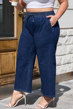 Load image into Gallery viewer, Real Teal Plus Size Drawstring High Waist Wide Leg Casual Jeans - Fashion Queen -  4
