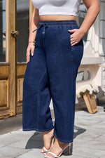 Load image into Gallery viewer, Real Teal Plus Size Drawstring High Waist Wide Leg Casual Jeans - Fashion Queen -  5
