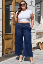 Load image into Gallery viewer, Real Teal Plus Size Drawstring High Waist Wide Leg Casual Jeans - Fashion Queen -  6

