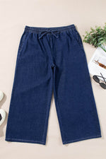 Load image into Gallery viewer, Real Teal Plus Size Drawstring High Waist Wide Leg Casual Jeans - Fashion Queen -  9
