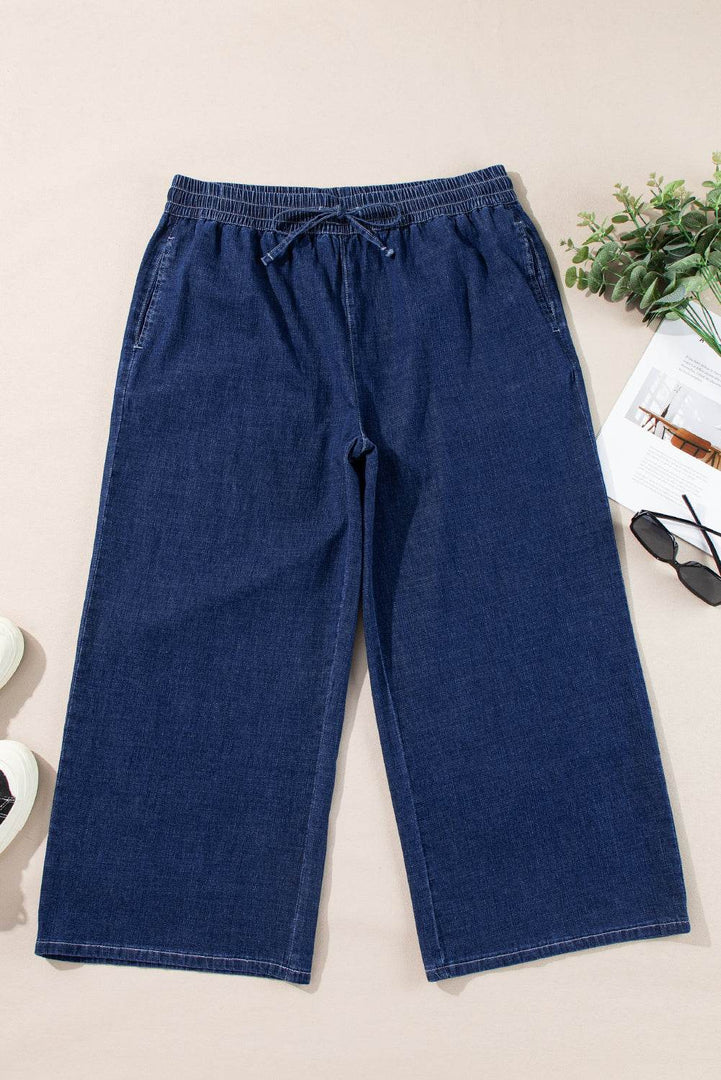 Real Teal Plus Size Drawstring High Waist Wide Leg Casual Jeans - Fashion Queen -  9