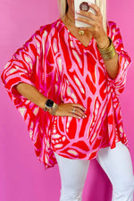 Load image into Gallery viewer, Red Abstract Print V Neck Batwing Sleeve Oversized Blouse - Fashion Queen -  1
