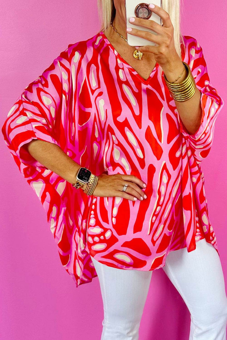 Red Abstract Print V Neck Batwing Sleeve Oversized Blouse - Fashion Queen -  1