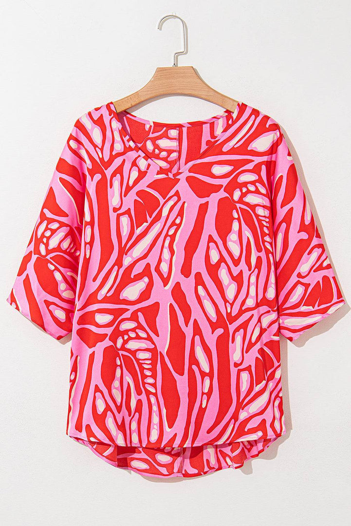 Red Abstract Print V Neck Batwing Sleeve Oversized Blouse - Fashion Queen -  13