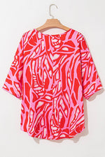 Load image into Gallery viewer, Red Abstract Print V Neck Batwing Sleeve Oversized Blouse - Fashion Queen -  14
