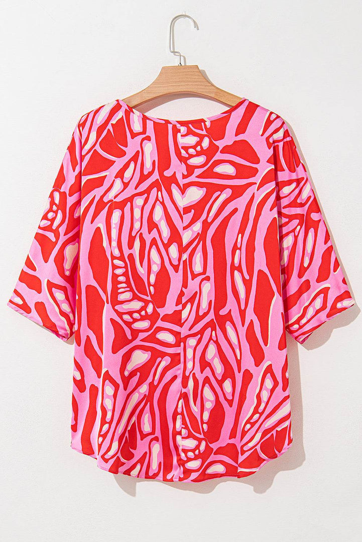Red Abstract Print V Neck Batwing Sleeve Oversized Blouse - Fashion Queen -  14