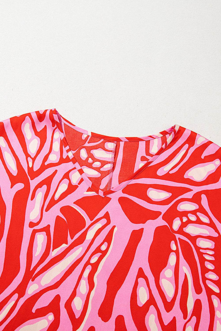 Red Abstract Print V Neck Batwing Sleeve Oversized Blouse - Fashion Queen -  19