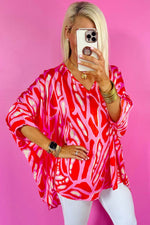 Load image into Gallery viewer, Red Abstract Print V Neck Batwing Sleeve Oversized Blouse - Fashion Queen -  2
