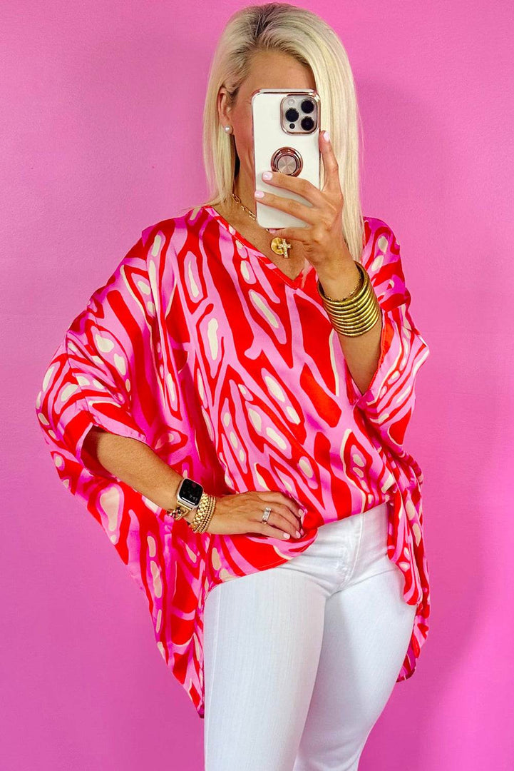 Red Abstract Print V Neck Batwing Sleeve Oversized Blouse - Fashion Queen -  3