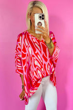 Load image into Gallery viewer, Red Abstract Print V Neck Batwing Sleeve Oversized Blouse - Fashion Queen -  4
