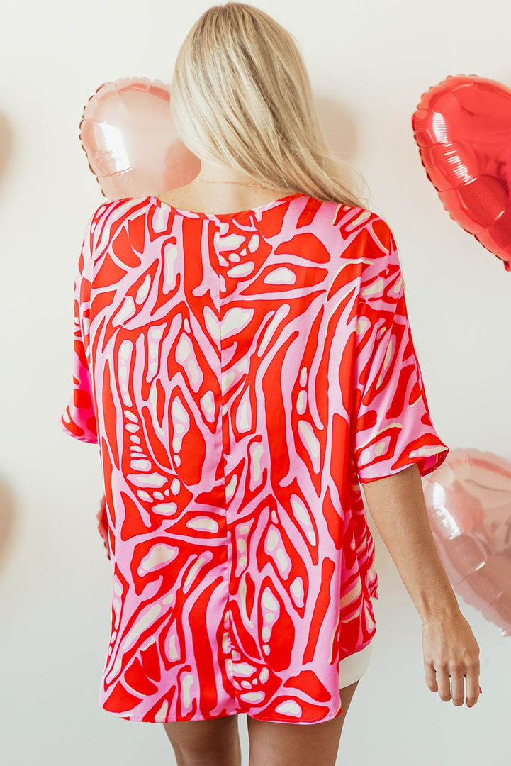 Red Abstract Print V Neck Batwing Sleeve Oversized Blouse - Fashion Queen -  6