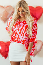 Load image into Gallery viewer, Red Abstract Print V Neck Batwing Sleeve Oversized Blouse - Fashion Queen -  8
