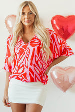 Load image into Gallery viewer, Red Abstract Print V Neck Batwing Sleeve Oversized Blouse - Fashion Queen -  9

