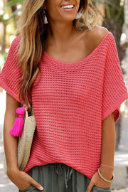 Red Clay Solid Loose Knit Short Dolman Sleeve Sweater - Fashion Queen -  1