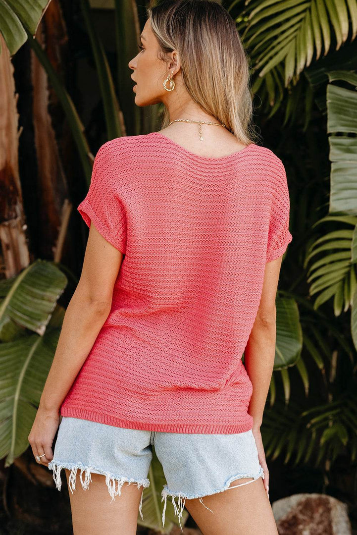Red Clay Solid Loose Knit Short Dolman Sleeve Sweater - Fashion Queen -  12