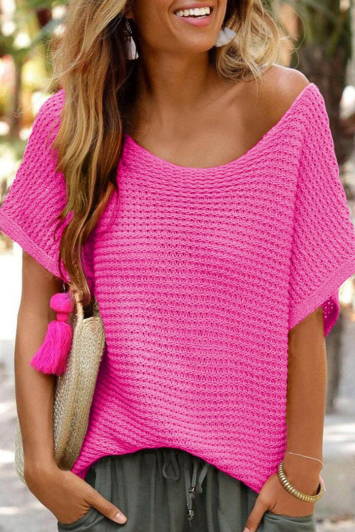 Red Clay Solid Loose Knit Short Dolman Sleeve Sweater - Fashion Queen -  4