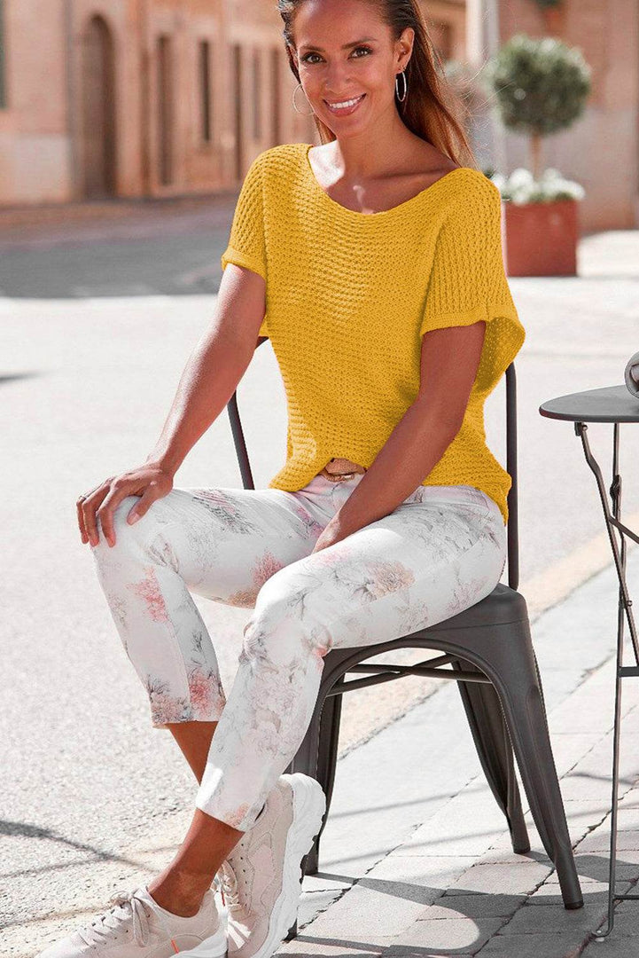 Red Clay Solid Loose Knit Short Dolman Sleeve Sweater - Fashion Queen -  9
