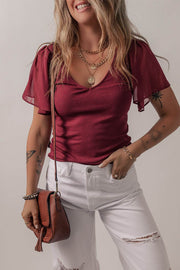 Red Dahlia Mesh Ruffled Sleeve Slim Fit V Neck Top - Fashion Queen -  1