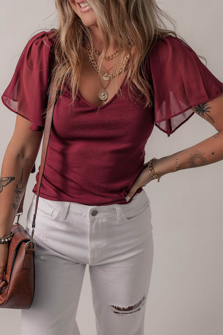 Red Dahlia Mesh Ruffled Sleeve Slim Fit V Neck Top - Fashion Queen -  3