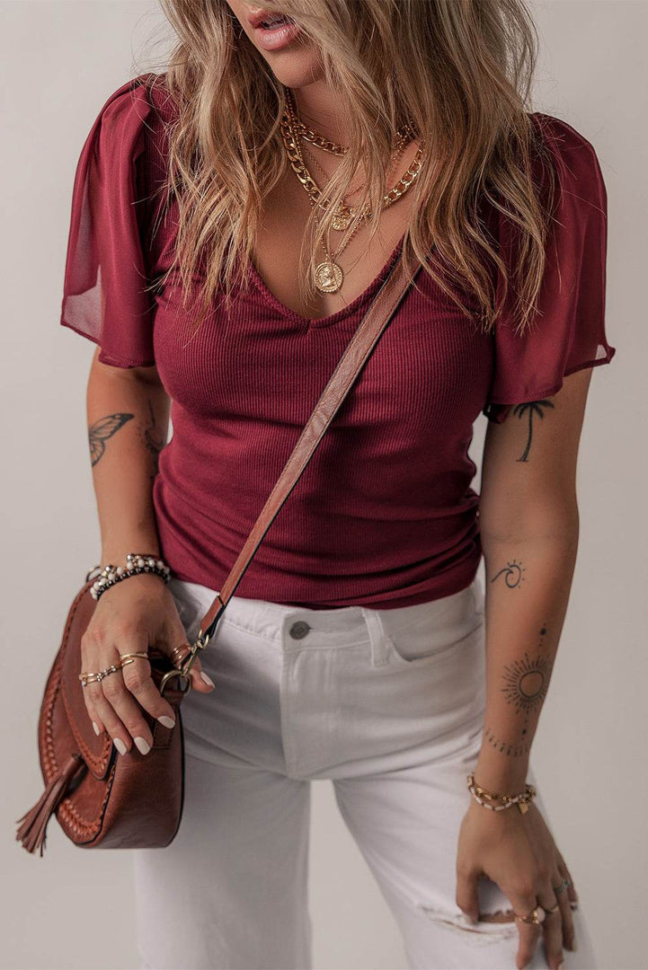 Red Dahlia Mesh Ruffled Sleeve Slim Fit V Neck Top - Fashion Queen -  4