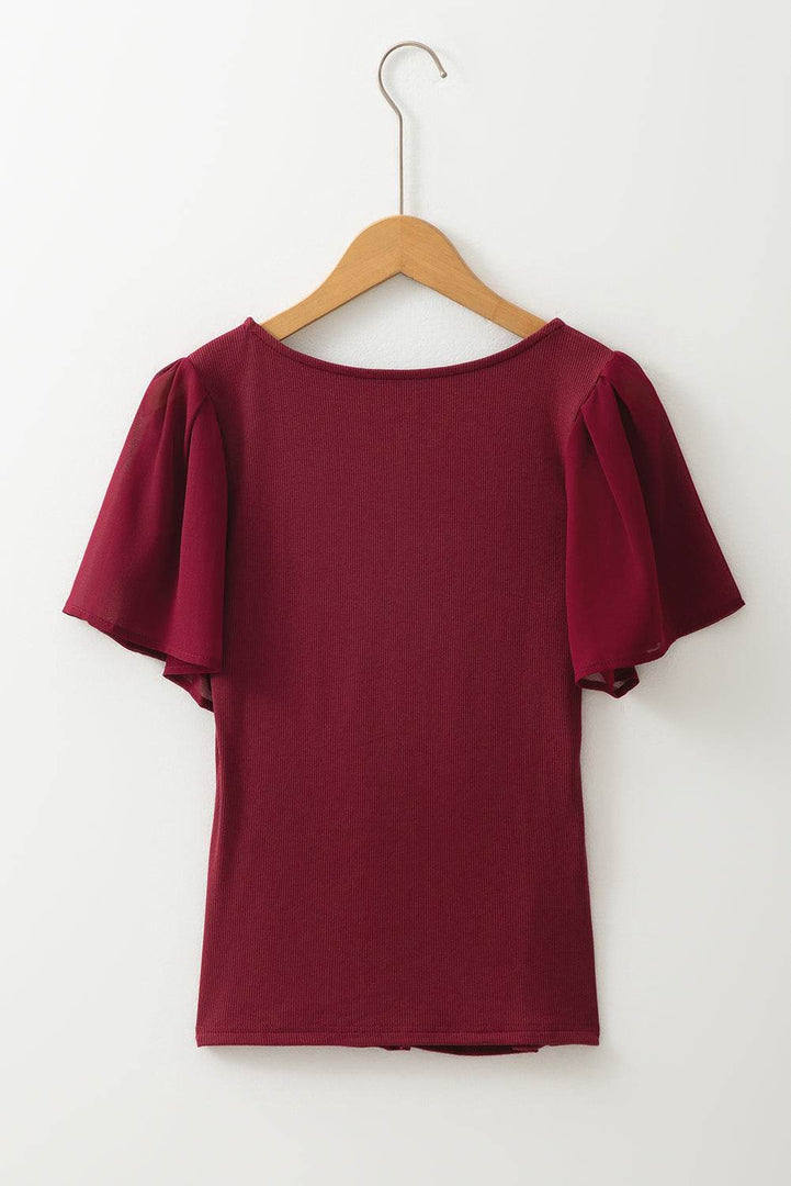 Red Dahlia Mesh Ruffled Sleeve Slim Fit V Neck Top - Fashion Queen -  6