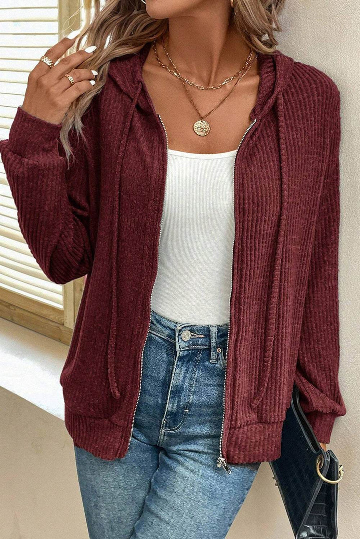 Red Dahlia Ribbed Zip Up Front Drawstring Hoodie - Fashion Queen -  1