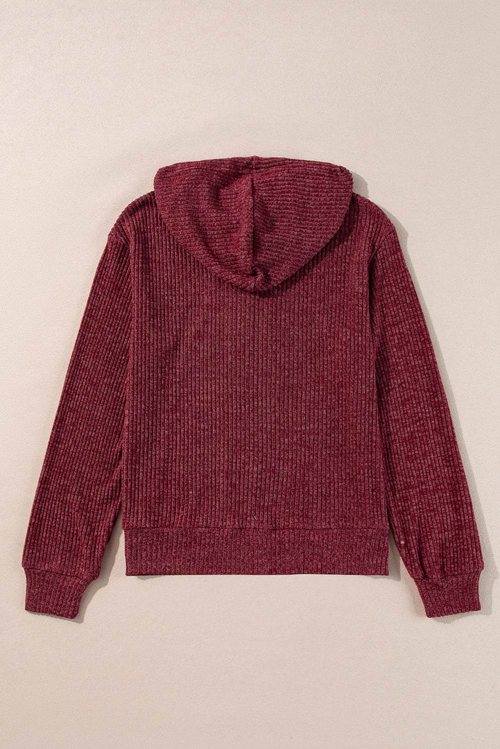 Red Dahlia Ribbed Zip Up Front Drawstring Hoodie - Fashion Queen -  10