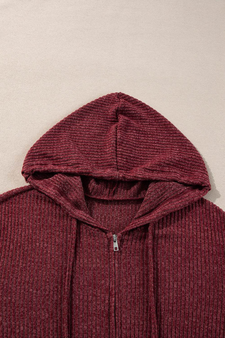 Red Dahlia Ribbed Zip Up Front Drawstring Hoodie - Fashion Queen -  11