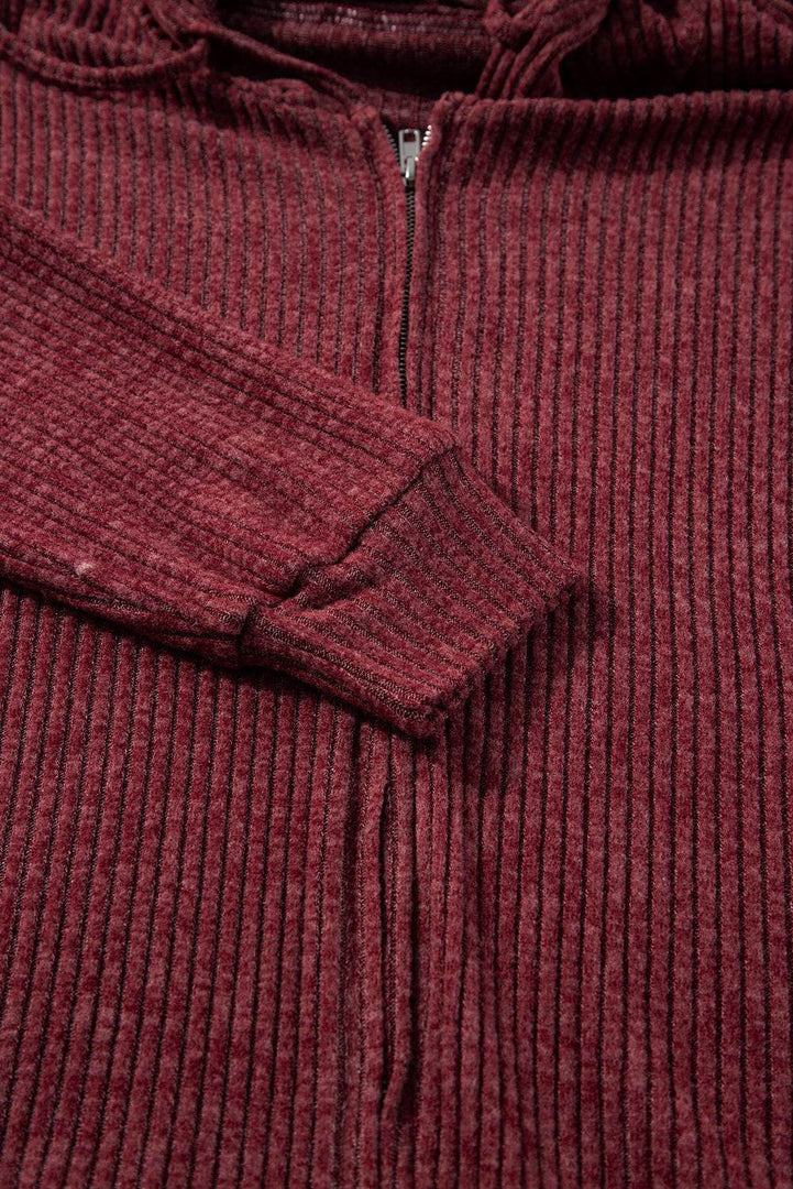 Red Dahlia Ribbed Zip Up Front Drawstring Hoodie - Fashion Queen -  13