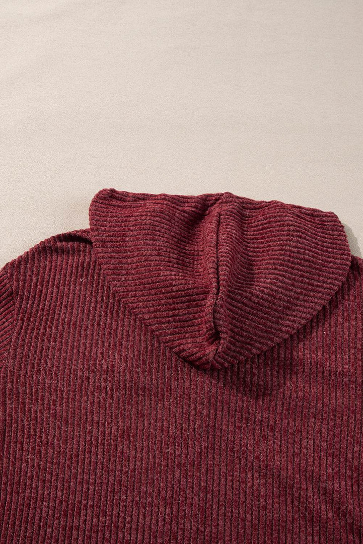 Red Dahlia Ribbed Zip Up Front Drawstring Hoodie - Fashion Queen -  14