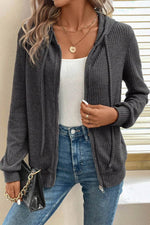 Load image into Gallery viewer, Red Dahlia Ribbed Zip Up Front Drawstring Hoodie - Fashion Queen -  16
